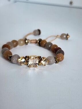 Gold Adjustable Bracelet Crystal Emerald Cut Beaded Agate